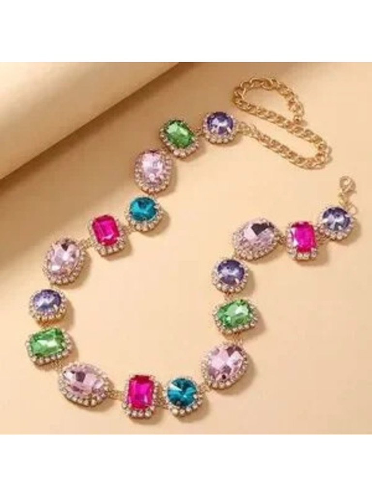 Luxe 18k Gold Plated Tone Colorful Large Rhinestone Statement Necklace New